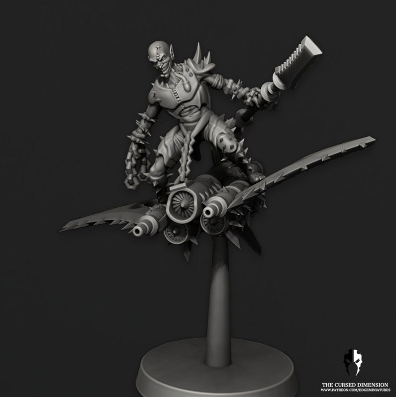 May include: A grey, detailed miniature of a goblin riding a flying machine with a large blade on the side. The goblin is holding a weapon and has a menacing expression.
