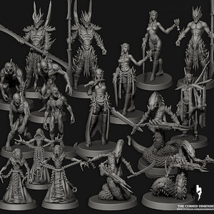 May include: A collection of 14 detailed miniature figurines, including a variety of human and creature characters. The figures are posed in dynamic stances and feature intricate details, such as weapons, armor, and clothing. The miniatures are painted in a gray color scheme, giving them a realistic and gritty appearance.