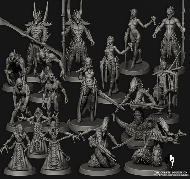 May include: A collection of 14 detailed miniature figurines, including a variety of human and creature characters. The figures are posed in dynamic stances and feature intricate details, such as weapons, armor, and clothing. The miniatures are painted in a gray color scheme, giving them a realistic and gritty appearance.