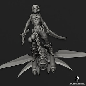 May include: A grey 3D printed miniature of a female figure wearing a gas mask and riding a futuristic jetpack with blades. The figure is holding a weapon in one hand and a sword in the other.