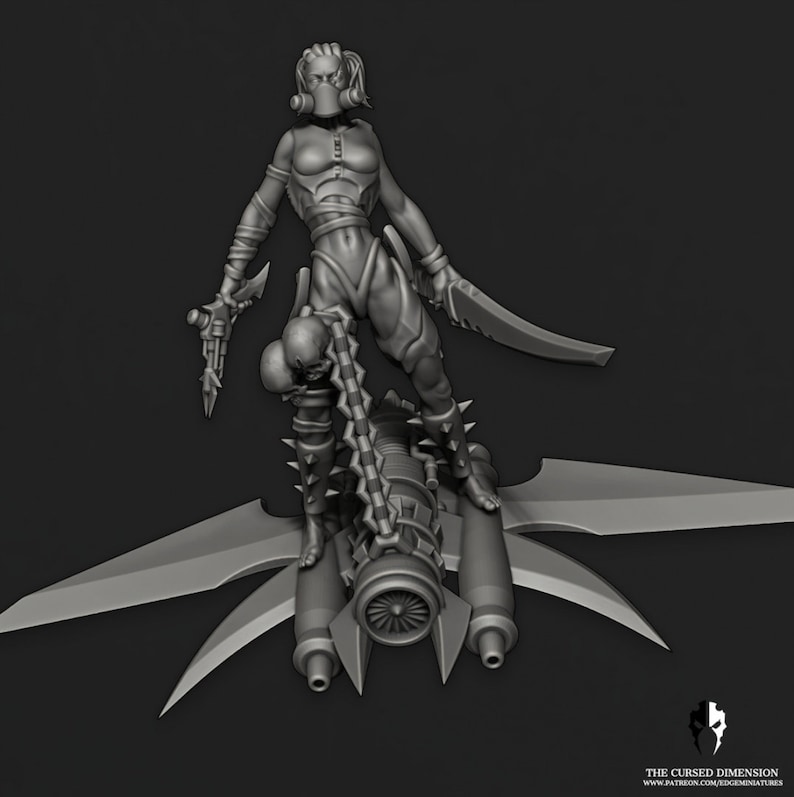 May include: A grey 3D printed miniature of a female figure wearing a gas mask and riding a futuristic jetpack with blades. The figure is holding a weapon in one hand and a sword in the other.