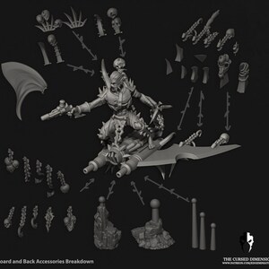 May include: A 3D printed miniature of a skeletal demon riding a flying machine. The miniature is broken down into separate pieces for assembly. The pieces include the demon, the flying machine, and various accessories. The miniature is designed for tabletop gaming.