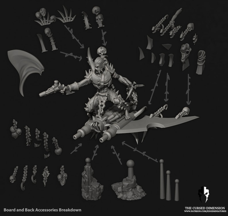 May include: A 3D printed miniature of a skeletal demon riding a flying machine. The miniature is broken down into separate pieces for assembly. The pieces include the demon, the flying machine, and various accessories. The miniature is designed for tabletop gaming.