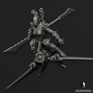 May include: A grey 3D printed miniature of a female figure riding a futuristic flying vehicle. The figure is wearing armour and holding a sword. The vehicle has a large engine and two wings.
