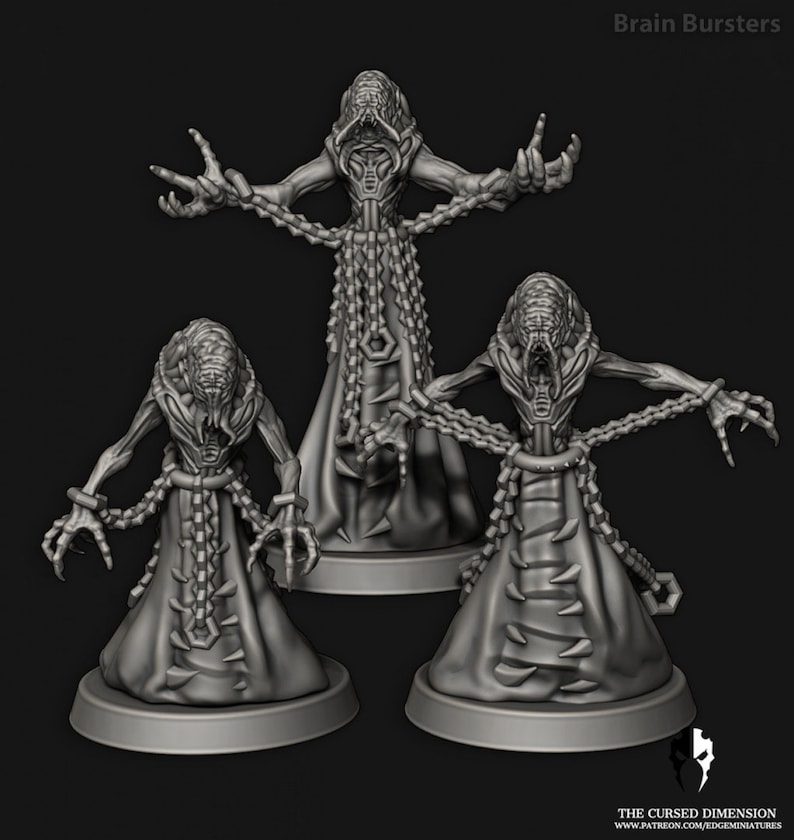 May include: Three gray, detailed, miniature figures of humanoid creatures with long, clawed fingers and chains wrapped around their bodies. The figures are standing on circular bases.