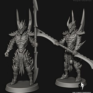 May include: Two gray, detailed miniature figures of warriors wearing horned helmets and armor, holding swords. The figures are standing on circular bases. The text "Royal Guards" is visible at the top of the image.