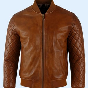 Blouson en cuir d'agneau véritable marron antique pour homme | Blouson BIKER aviateur marron rétro DISTRESS | Veste matelassée en losanges fait main
