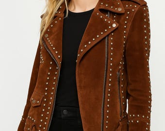 ジャケット・アウター Archive Suede Leather Long Coat Studded Womens BROWN Suede Leather Jacket | Womens Suede Round Antique