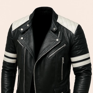 Noorani Herren Schwarz und Weiß Lammleder Bikerjacke | Handgefertigte abgesteppte & weiße Streifen-Lederjacke | Color Block Jacke für Ihn