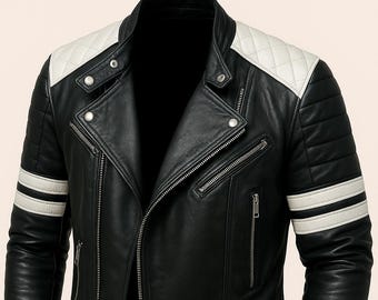 Noorani  Men&#39;s BLACK and WHITE Lambskin Leather Biker Jacket | Handmade QUILTED & White Stripes Leather Jacket | Color Block Jacket For Him