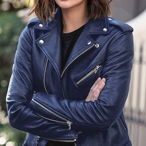 Navy Blue Leather Jacket For Womens | Stylish Motorcycle BIKER Leather Jacket | Slim Fit RIDERS Jacket | Halloween Party Jacket - Navy Blue