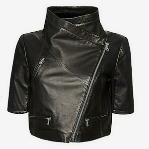 Womens BLACK CROPPED Leather Jacket | Motorcycle Slim Fit Biker Jacket With Half Sleeves | Bolero Shrug Biker Jackets | Designer Crop Jacket