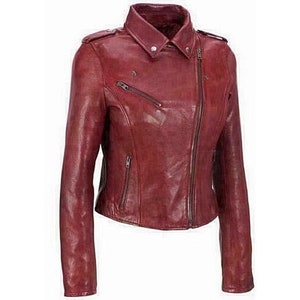 Womens Lambskin Leather Ladies Jackets Biker Motorcycle Slim Fit Antique Red Leather Jacket for Girls - Valentine Gift | Personalized Gift |