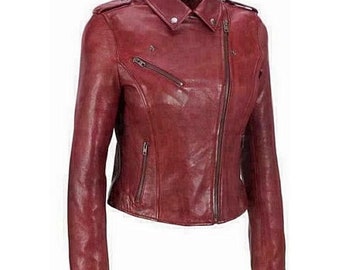 Womens Lambskin Leather Ladies Jackets Biker Motorcycle Slim Fit Antique Red Leather Jacket for Girls - Valentine Gift | Personalized Gift |
