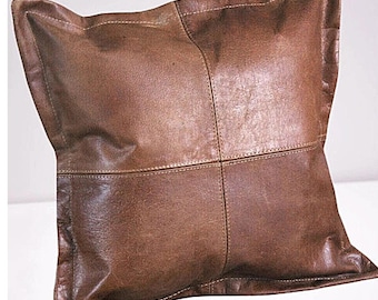 Antique BROWN Leather CUSHION Cover | Vintage Leather Cushion SQUARE Cover | Real Leather Distressed Handmade Throw Lumbar Pillow Case Cover