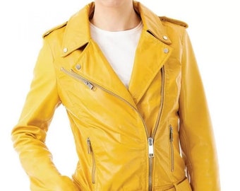 Damen Lammfell GELBE LEDERJACKE | Stilvolle Slim Fit Motorrad-Biker-Lederjacke mit Gürtel | Western Outfit Winter Lederjacke
