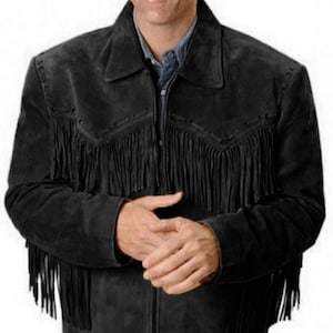 Mens SUEDE FRINGE Jacket Leather BLACK | Western Style Tassel Jacket | Western Cowboy Suede Mens Leather Fringe Jacket Vintage - Black Suede