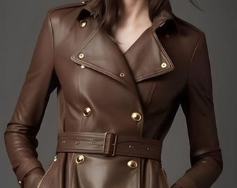 Womens Lambskin BROWN Leather TRENCH Coat | Double Breasted MIDI Leather Coat With Snap | Belted Trench Coat | Celebrity Winter Overcoat