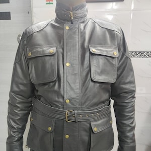 Panther Trialmaster Style Dark Grey Leather Jacket  | Benjamin Military Army Style Biker Leather Jacket |