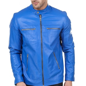 Noorani Mens Leather Jacket BLUE | Slim Fit Biker Winter Leather Jacket  | Band Collared Style Jacket With Multi Pockets | Halloween Gift