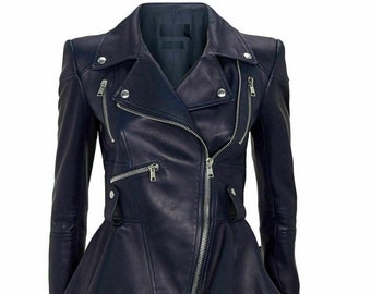 Noorani Women's DARK BLUE Leather Jacket | Stylish Handmade Lambskin Leather Peplum Biker Jacket | ASYMMETRIC Slim fit Frock for Women |