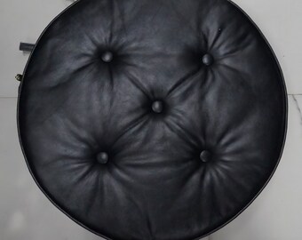 Chesterfield Buttoned Black TUFTED Leather Cushion with Insert & Ties | ROUND Chair Pad for Seat | Leather Pet Bed | Coffee table Footstool