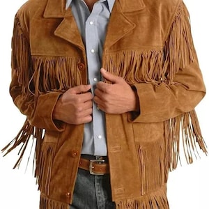 Fringe SUEDE Leather TASSEL Jacket, BROWN Men&#39;s Western Fringe Jacket | Fringe Suede Leather Belted Jacket, Cowboy Fringe Biker Suede Jacket