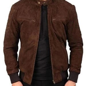 Mens BROWN Suede Leather Jacket | Handmade Quilted Bomber BIKER Suede Jacket For Men | Aviator Bomber Leather Jacket | Celebrity Jacket Gift