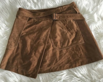 Women's Suede Mini Skirt Leather, WRAP LEATHER SKIRT, Brown