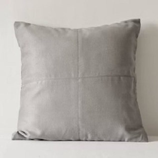 Housse d’oreiller en cuir GRIS en peau d’agneau, coussin GRIS CARRÉ en cuir remplacement du coussin de canapé en cuir, oreiller lombaire en cuir véritable