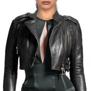 Noorani Womens BLACK CROPPED Leather Jacket | Lambskin Leather Motor Biker Bolero SHRUG Jacket Long Sleeves | Street Fashion Jacket Gift Her