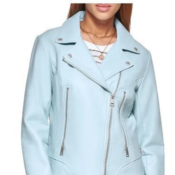 Veste en cuir bleu ciel pour femme Noorani | Blouson en cuir véritable bleu clair | Veste de moto bleue élégante | Meilleur cadeau bleu turquoise