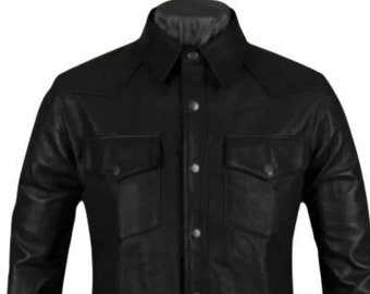 Mens Sheepskin Black Leather Military Shirt |Casual & Formal Shirt |Police Uniform Shirt | Denim Style Shirt |Gay Shirt |LGBTQ Pride Shirt |