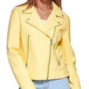 May include: A yellow leather motorcycle jacket with a zipper closure. The jacket has a stand-up collar and two pockets on the front.