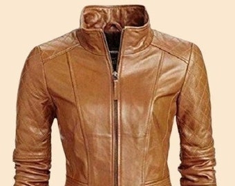 Womens Lambskin TAN Leather Jacket | Stylish Motorcycle BIKER Leather Jacket | Handmade Fashion Leather Jacket | Celebrity Jacket Tan