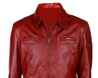 Noorani Mens Leather Jacket| RED Leather Jacket | Shirt Collar Slim Fit Full Zip Fitted Jacket Leather Shirt, Leather ANNIVERSARY Gifts