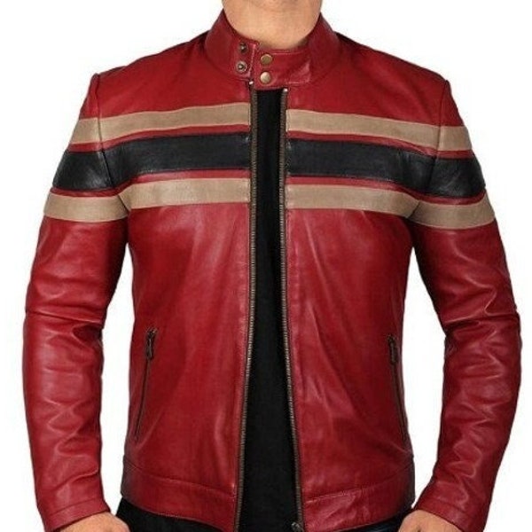 Noorani Mens Red Lambskin Leather Jacket | MULTICOLOUR Stripes Jacket | CELEBRITY Jacket for Movie Date |Racing Colour BLOCK Leather Jacket