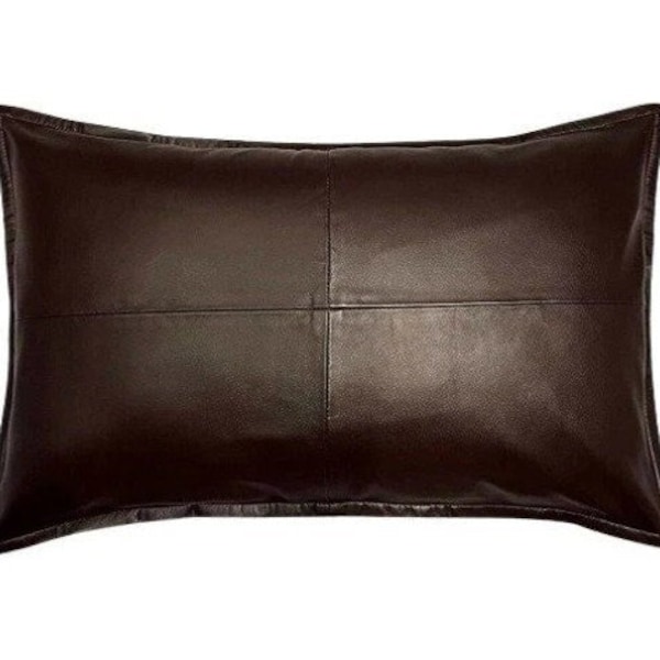 Housse de coussin en cuir d'agneau | Cadeau de pendaison de crémaillère fait à la main | Housse de coussin lombaire en cuir rectangulaire marron foncé, accent décoratif pour canapé