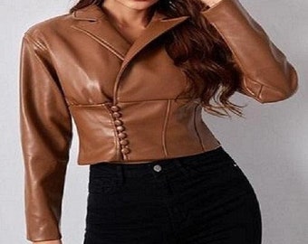 Womens TAN CROPPED Leather Jacket |  Designer Crop Jacket With Stylish Buttons | Bolero Shrug Biker Jacket Waxed Lambskin Leather Dark Tan