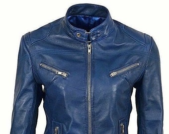 Noorani Womens BLUE Leather Jacket | Genuine Lambskin Leather Biker Jacket | Western Celebrity Party Jacket | Gift For Winter Leather Jacket