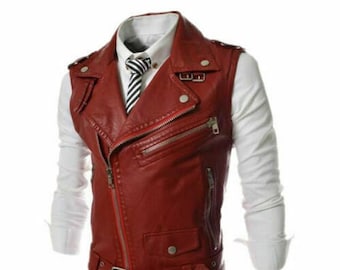 Noorani Men's BLOOD RED Leather Vest Coat | Men's Slim Fit Biker Vest Motorcycle Vest Leather Best Christmas Gift | Biker Leather Vest-coat