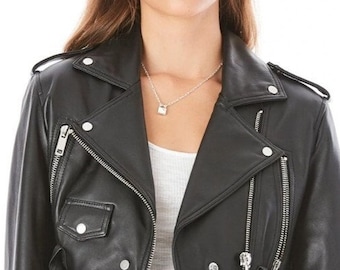 May include: A black leather cropped moto jacket with a belted waist and zipper details.