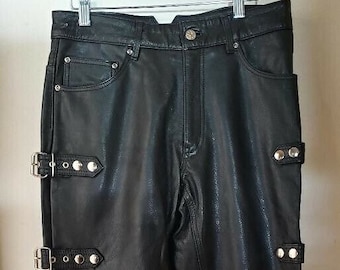 Mens BLACK Leather Pant | Mens BUCKLE Leather Pants, GAY Leather Pant | Loose Fit Designer Leather Trouser Pants | Celebrity Outfit Pants