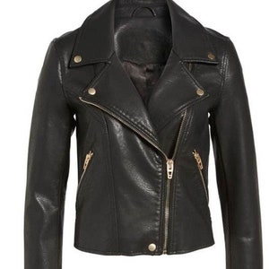 May include: A black leather motorcycle jacket with a zipper closure and gold-toned hardware.