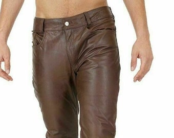 Noorani Mens BROWN Leather PANT | Genuine Lambskin Leather Slim Fit Jeans RIDER Biker Men Trouser Pant With 5 Pockets | Leather Pant - Brown