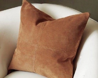 Noorani Lambskin Suede Leather Cushion Cover  | Soft Suede PATCHWORK Decorative Pillow Cover | Luxury Gift For Thanksgiving Case - TAN Brown