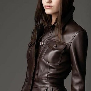 Giacca in pelle da donna Noorani / Giacca FLARE slim fit fatta a mano MARRONE SCURO / Giacca da moto in stile occidentale / Regalo personalizzato