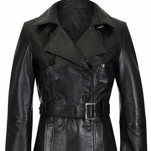 Mens Real BLACK Leather Trench Coat | Double Breasted Leather Midi Trench | Genuine Lambskin Belted Leather Overcoat, Celebrity Short Trench