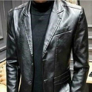 Noorani Mens BLACK Leather Blazer | Slim Fit FORMAL Lather Blazer | Sheepskin Leather 2 Button Closure Blazer | Celebrity Partywear BLAZER