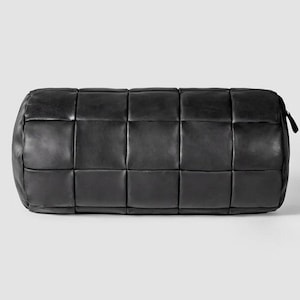 Noorani Lambskin Leather BOLSTER Pillow Cover | PATCHWORK BLACK Stylish Scatter Round Bolster Cover For Home & Office |Neck Roll Pillow Case